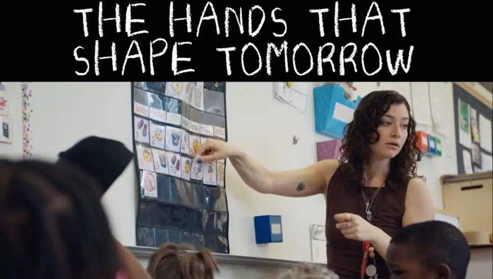 Promotional image for The Hands That Shape Tomorrow showing an early childhood educator interacting with young children in a classroom.