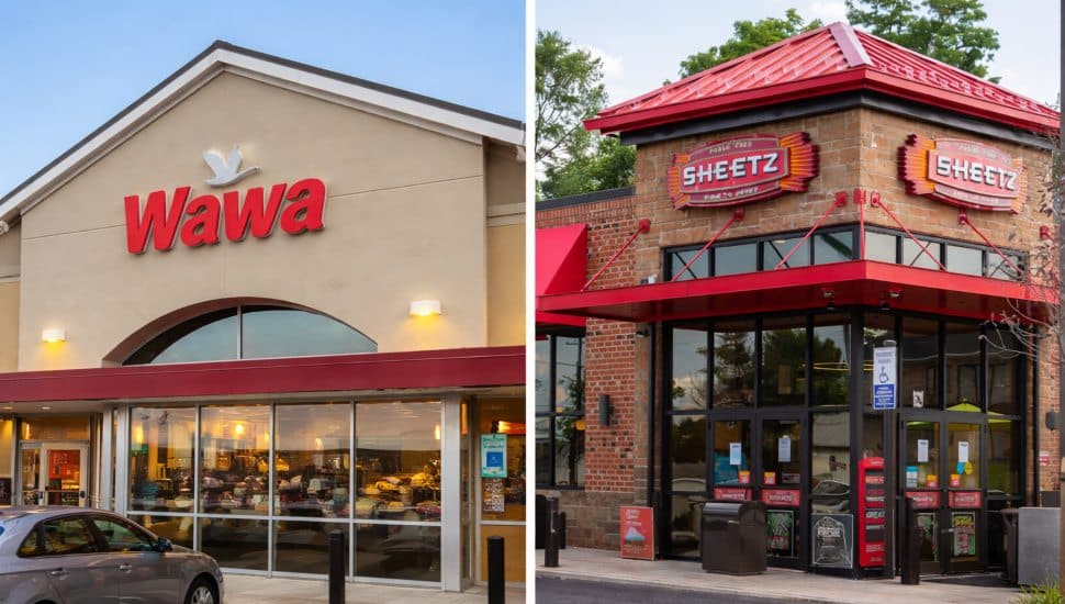 A Wawa storefront side by side with a Sheetz storefront.