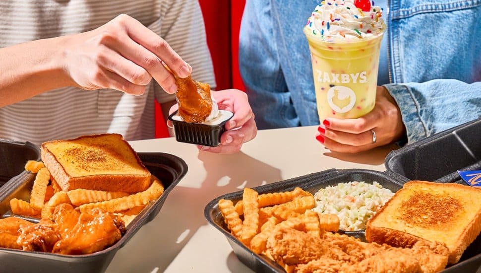 People dining at Zaxbys with wings and a milkshake.