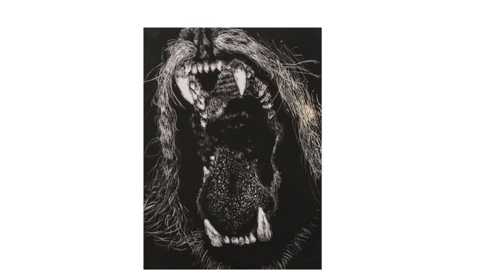 Black-and-white artwork depicting an expressive animal mouth, featured in the Tri-County High School Art Exhibition at Montco Cultural Center.