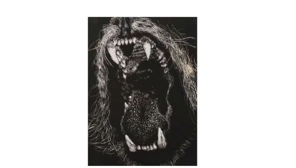 Black-and-white artwork depicting an expressive animal mouth, featured in the Tri-County High School Art Exhibition at Montco Cultural Center.