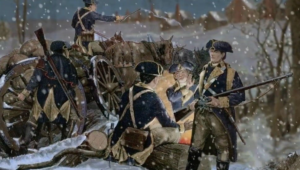Illustrated depiction of Friedrich Wilhelm von Steuben addressing his soldiers in the winter.