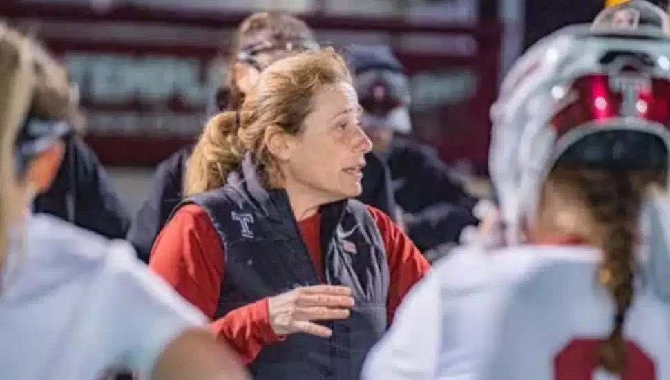 Temple's Bonnie Rosen addresses her lacrosse players.