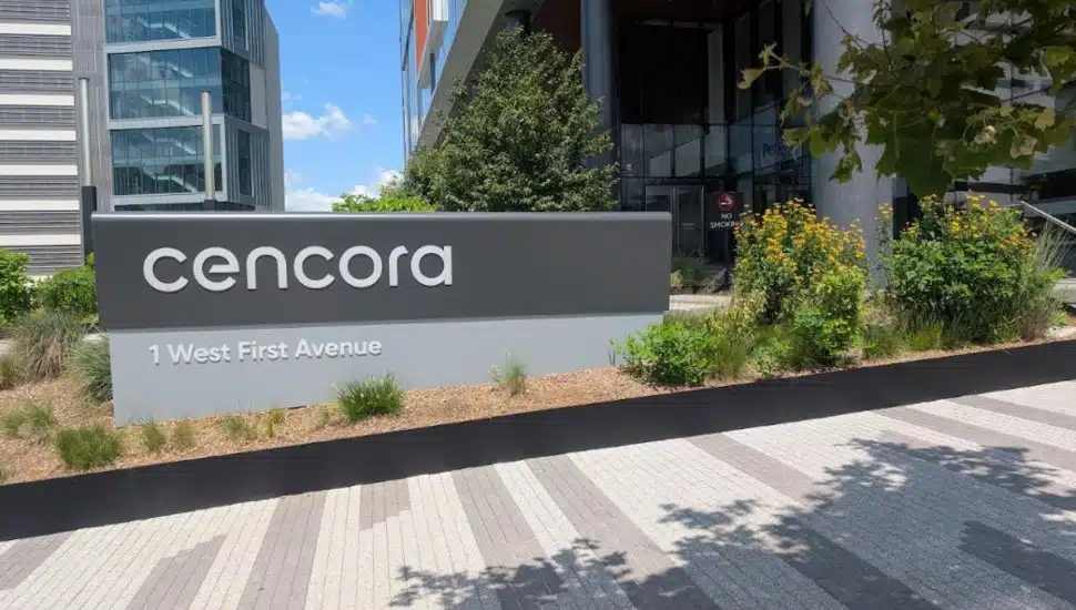 The Cencora sign sits outside its Conshohocken headquarters.