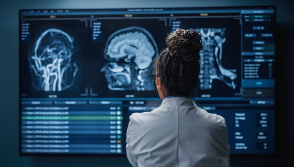 A scientist reviews scans of a human brain.