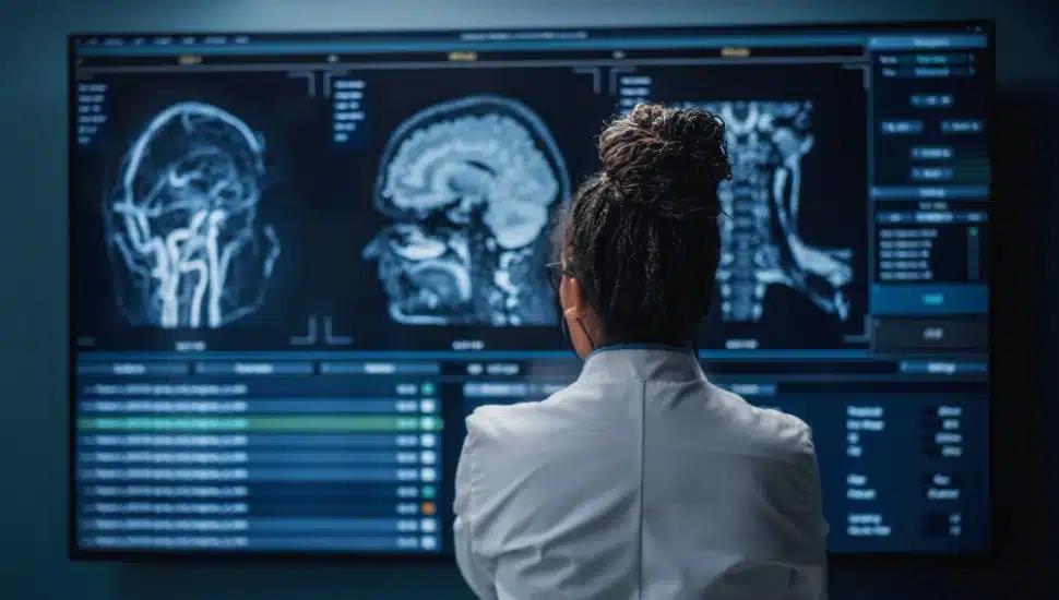 A scientist reviews scans of a human brain.
