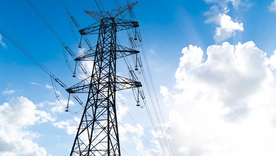 A view of power lines from the ground.