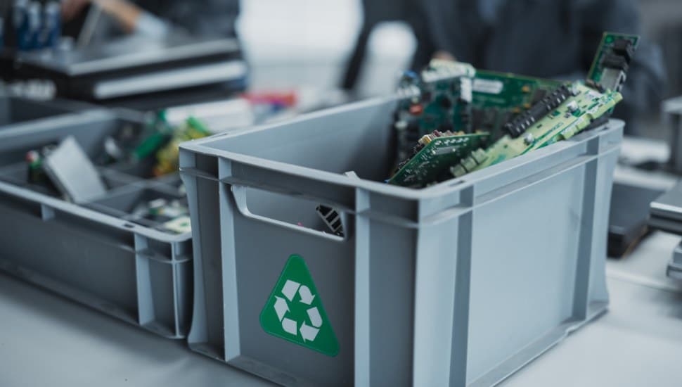 A grey bin holds recycled electronic material.