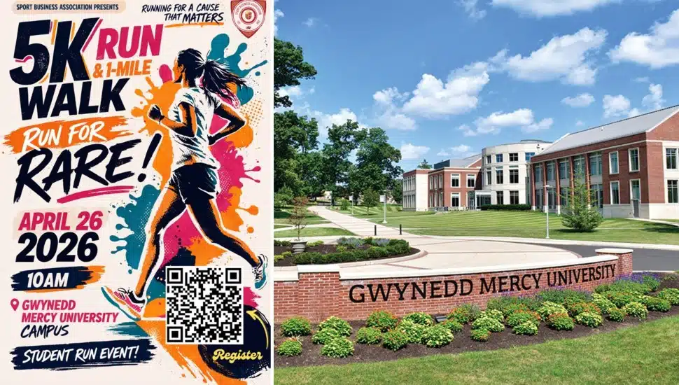 Race flyer next to picture of college campus entrance sign.