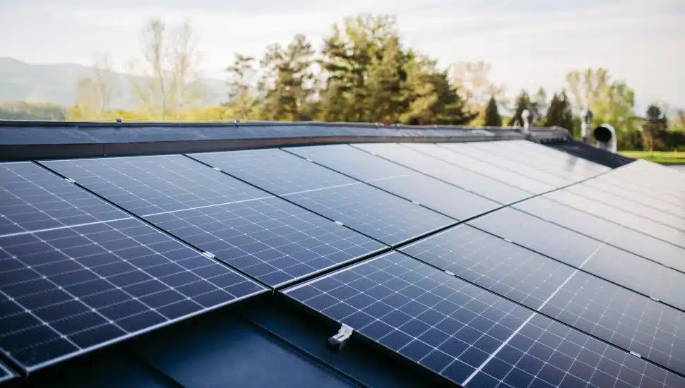 Solar panels line a rooftop.