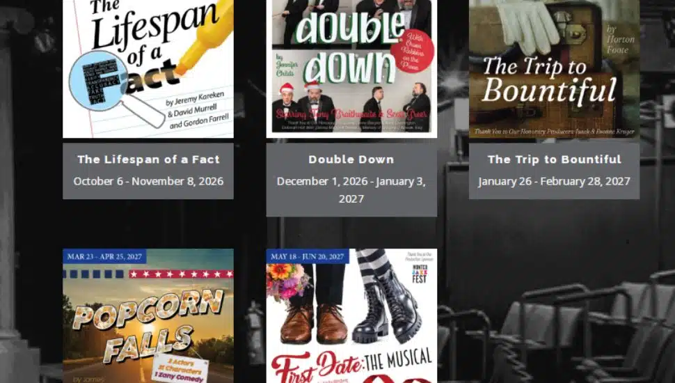Posters for Act II Playhouse’s 2026–2027 season productions including The Lifespan of a Fact, Double Down, The Trip to Bountiful, Popcorn Falls, and First Date: The Musical.