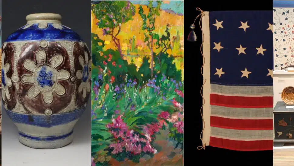 Collage of antiques including a decorative stoneware jug, colorful landscape painting, early American stars-and-stripes textile flag, and folk art furniture pieces featured at the Pennsylvania Antiques Show.