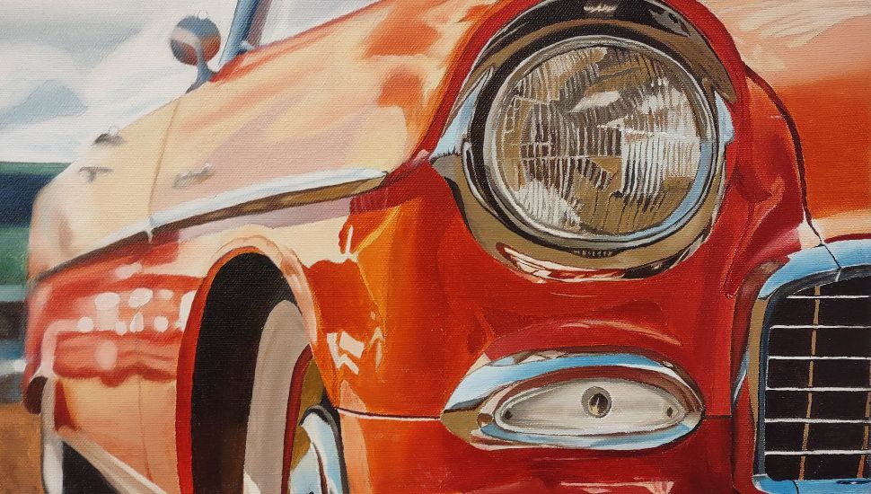Close up of a red truck painting -- “Chrome Dreams,” Imane Fares, oil on canvas, 2025 Best in Show winner.