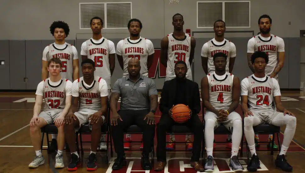 The Montgomery County Community College Mustangs Men’s Basketball Team group photo.