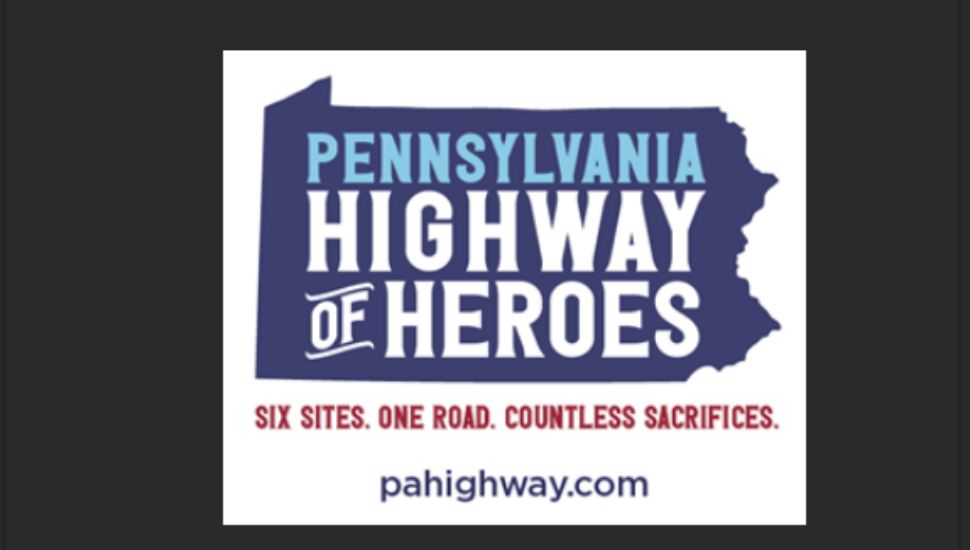 Pennsylvania Highway of Heroes logo featuring a blue state silhouette with white text and the tagline “Six Sites. One Road. Countless Sacrifices.” and the website pahighway.com.