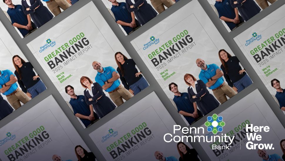 Penn Community Bank Greater Good Banking 2025 Impact Report cover featuring employees and the Here We Grow tagline.