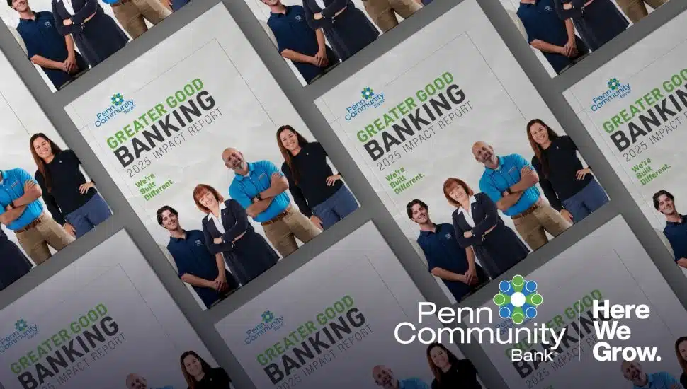 Penn Community Bank Greater Good Banking 2025 Impact Report cover featuring employees and the Here We Grow tagline.