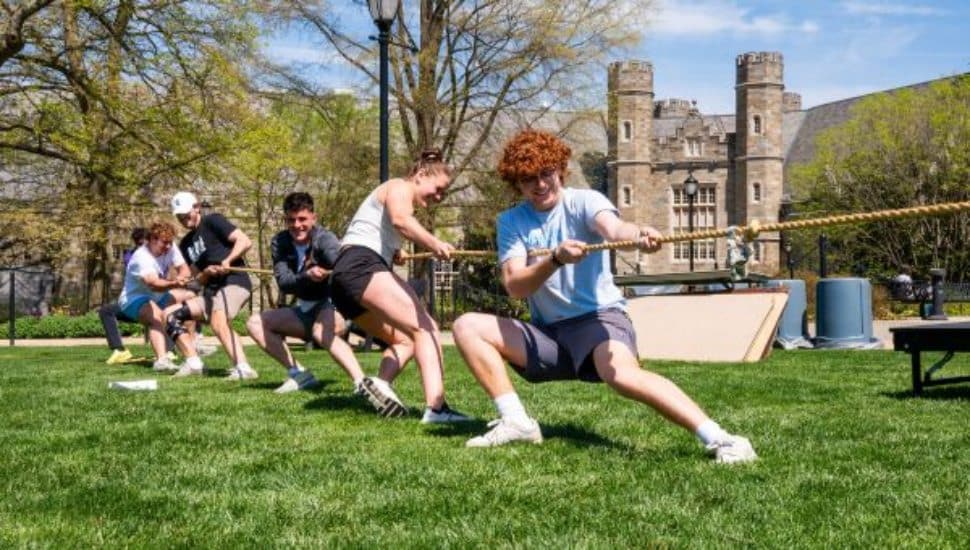 Students participate in a tug-of-war game on West Chester University’s Academic Quad during Exercise Is Medicine Day.