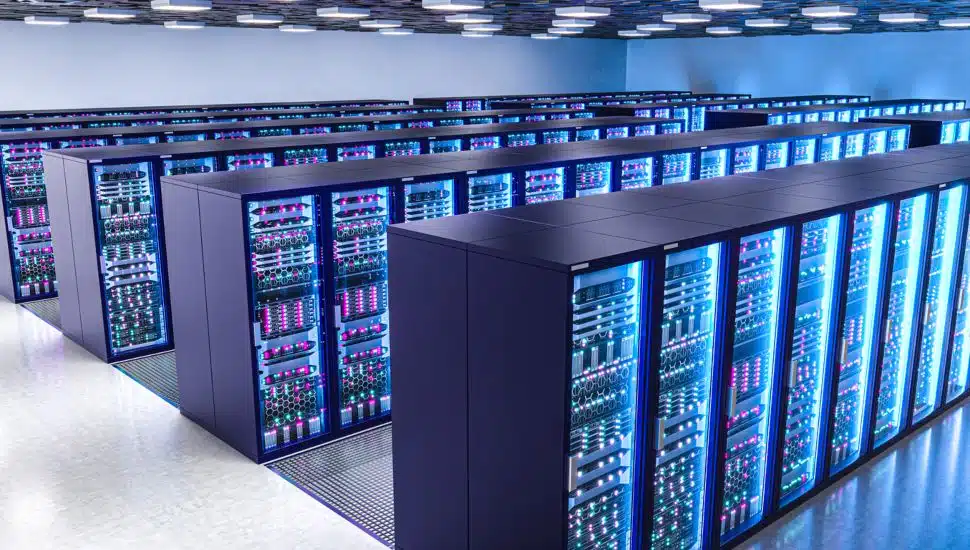 Server racks with blinking lights 3d data center room