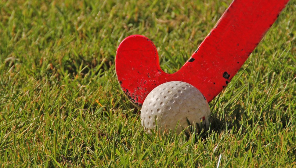 Hockey stick about to hit a hockey ball with grass background.