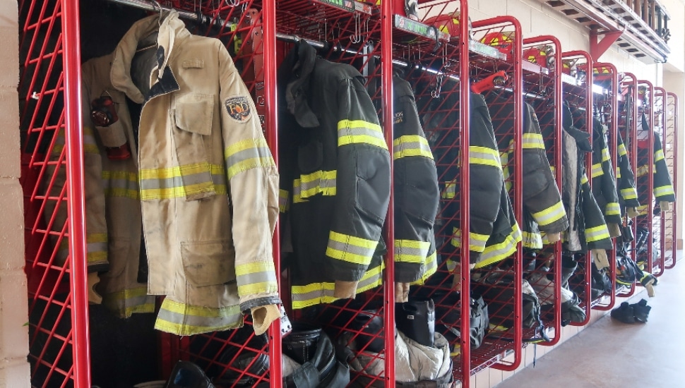 Firefighter lockers hold fire fighting equipment.
