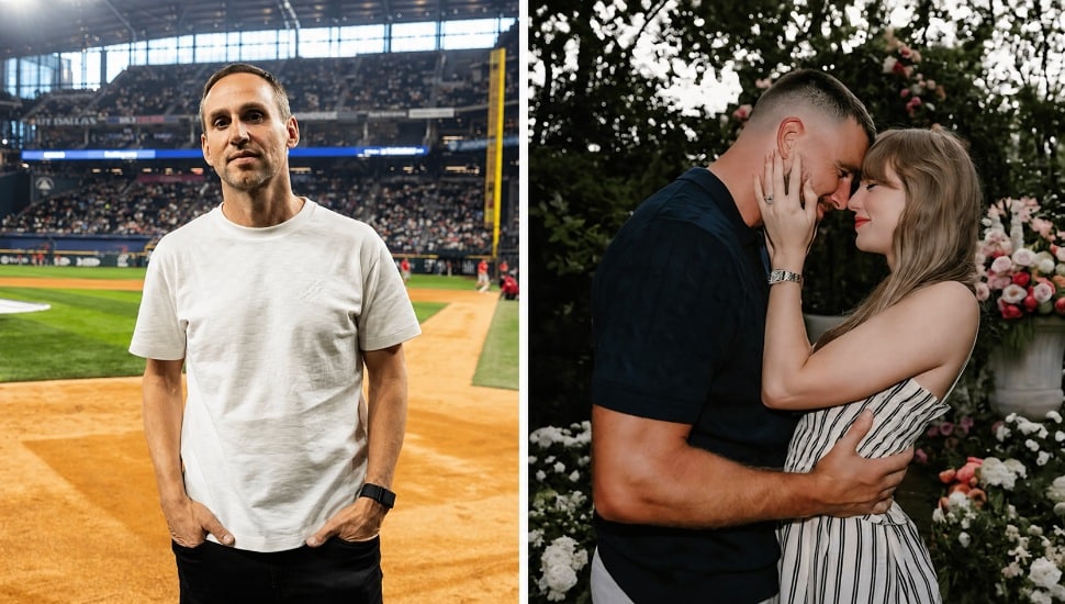 On the left: Michael Rubin. On the right: Travis Kelce and Taylor Swift.