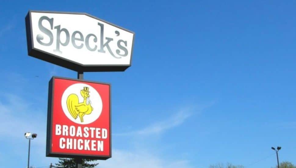 The sign for Speck's broasted chicken.