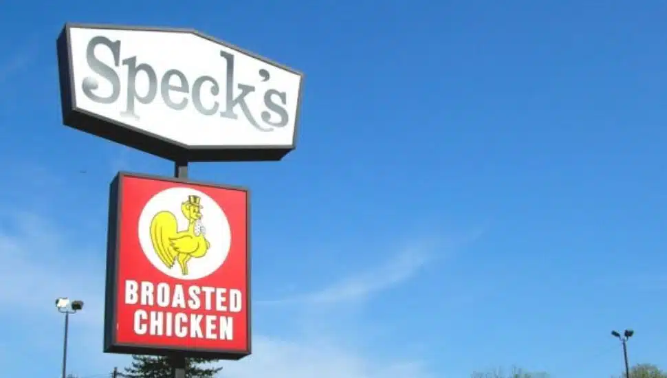 The sign for Speck's broasted chicken.