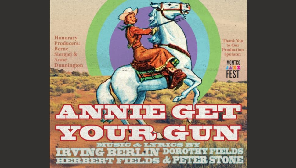 Vintage-style poster of Annie Oakley riding a white horse for Act II Playhouse’s production of Annie Get Your Gun.