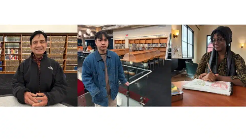 Three Montgomery County Community College students—Jesse Arce, Gia Huy Nguyen, and Angelina Ventura—pictured on campus, representing members of the All-Pennsylvania Academic Team.