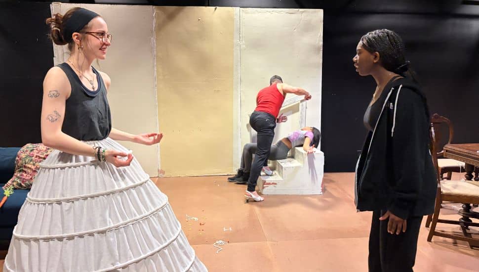 From left: Hannah Redding-Gurczynski, Steve Belskie, Mya Smith and Medhin El rehearse a scene from “Fairview.” Montgomery County Community College Theatre Arts and the Drama Club present the spring student production Apr. 16-19 on the Blue Bell Campus.