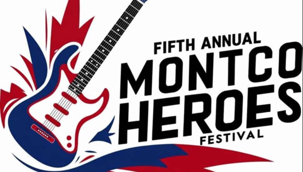 Fifth Annual MontCo Heroes Festival logo featuring a red, white and blue electric guitar with bold event title text