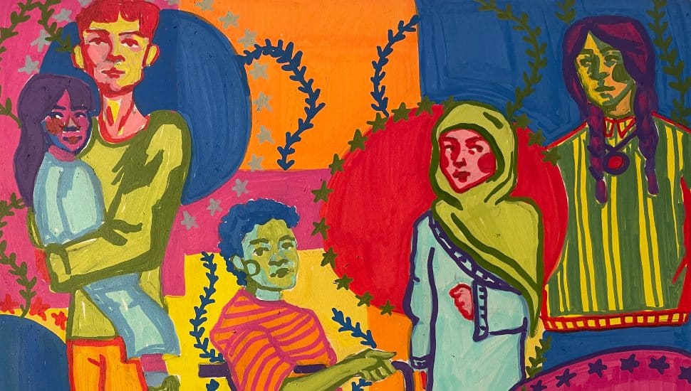 Colorful mural depicting diverse people, including a parent holding a child, a person in a wheelchair, and individuals from different cultural backgrounds, symbolizing unity and community
