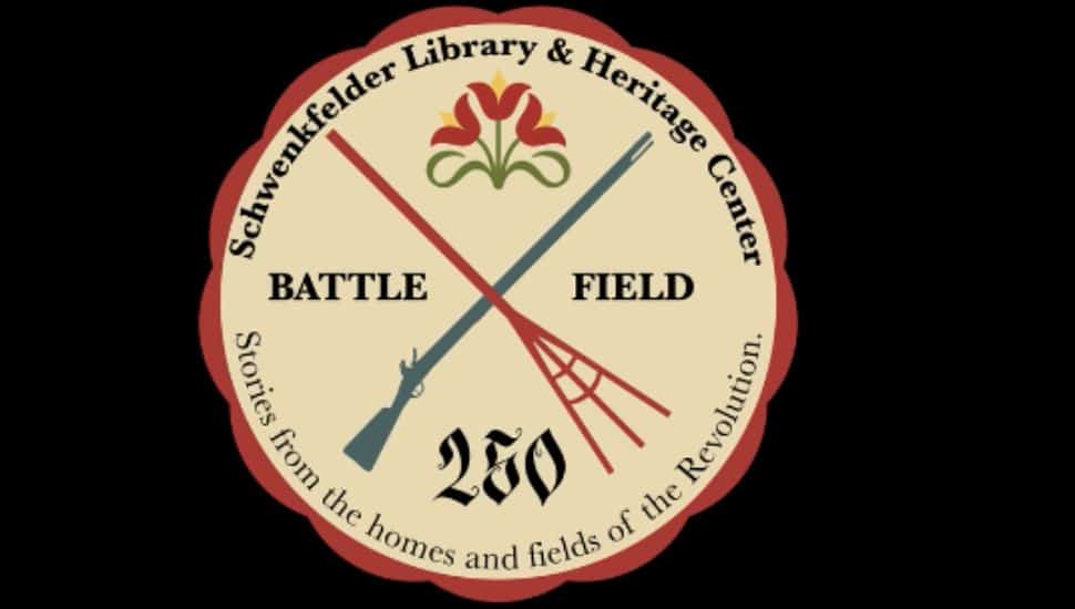 Schwenkfelder Library & Heritage Center graphic logo for Revolutionary War exhibit “These Truths are not Self-Evident” featuring crossed tools and the number 250.