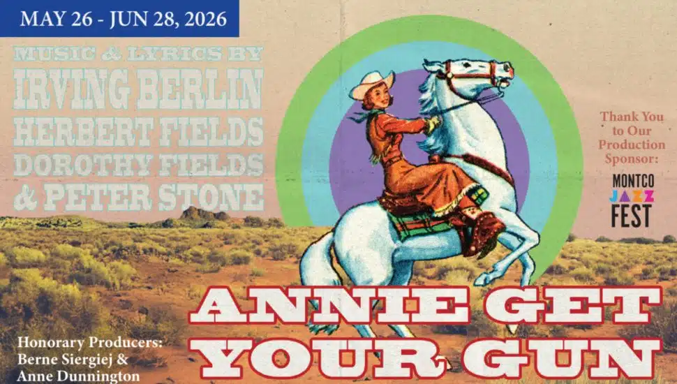 Promotional artwork for Act II Playhouse’s production of “Annie Get Your Gun,” featuring a vintage-style illustration of Annie riding a white horse against a western landscape backdrop.