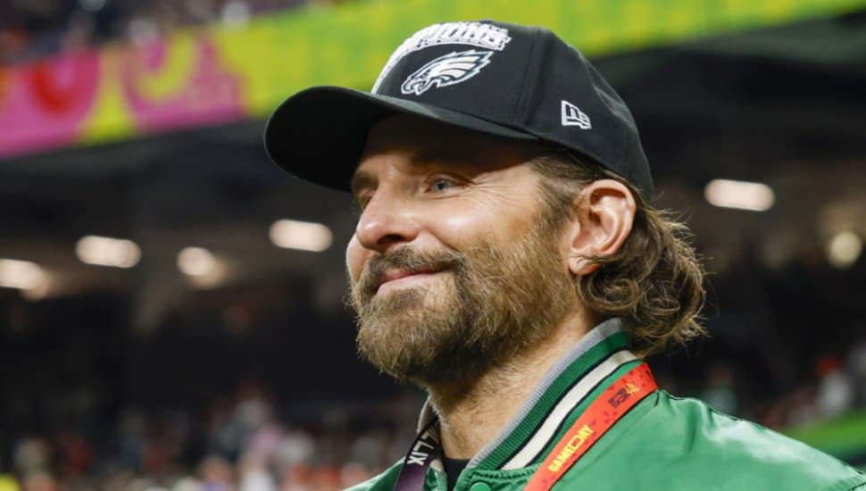 Bradley Cooper wears his Philadelphia Eagles gear to a game.