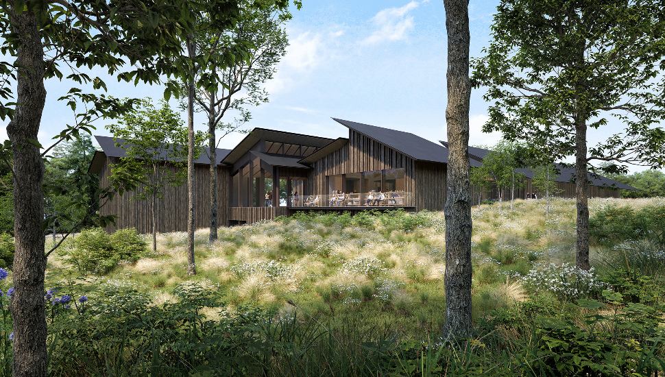 An artist's rendering of the new Brandywine Museum of Art building surrounded by green space.