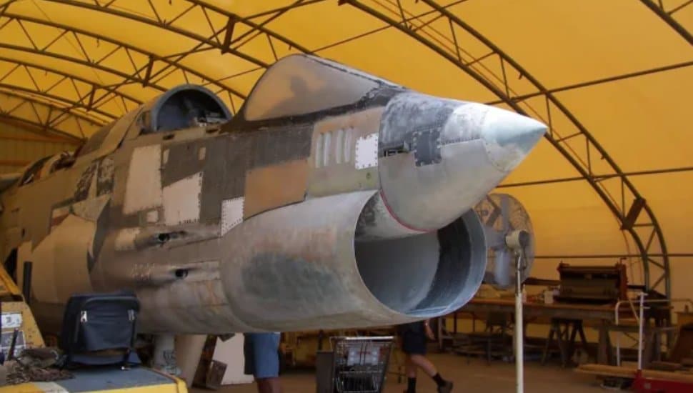 The F-8 Crusader fighter jet being restored in Horsham's Wings of Freedom Aviation Museum.