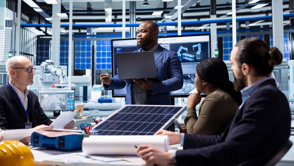 An investor speaking with workers with laptop in hand.