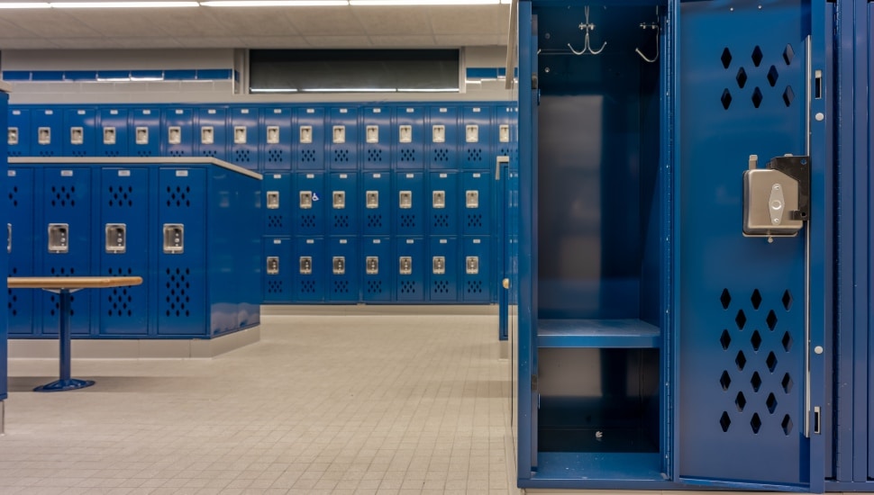 An empty high school locker room.