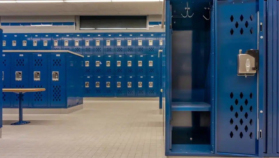 An empty high school locker room.
