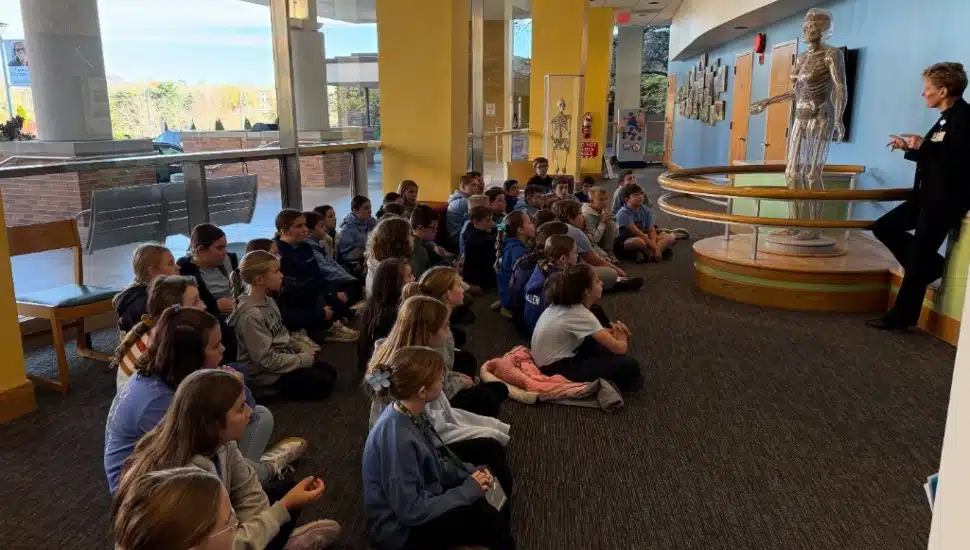 Students participate in an interactive health education lesson at Lankenau Medical Center’s Delema G. Deaver Health Education Center in Wynnewood.