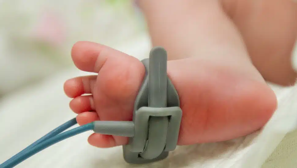 foot of new born baby sick in incubator chamber in hospital