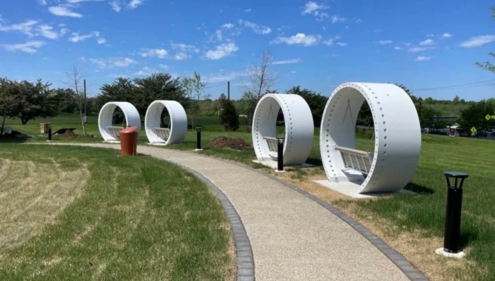 Repurposed wind turbines create swings at King of Prussia's Recharge Park.