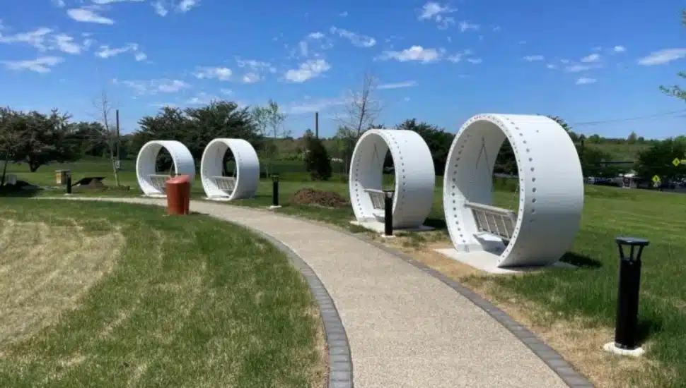 Repurposed wind turbines create swings at King of Prussia's Recharge Park.