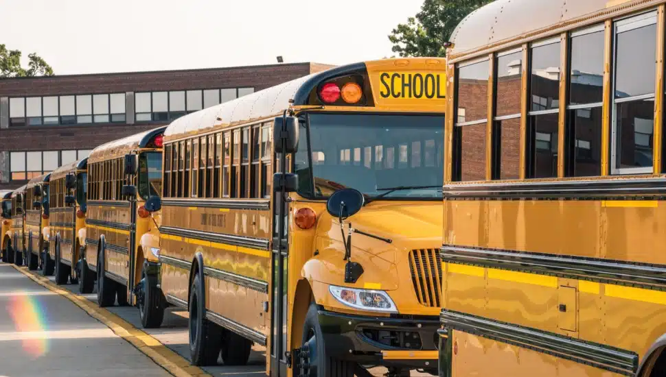 Yellow buses lined up in front of school ready for first day.