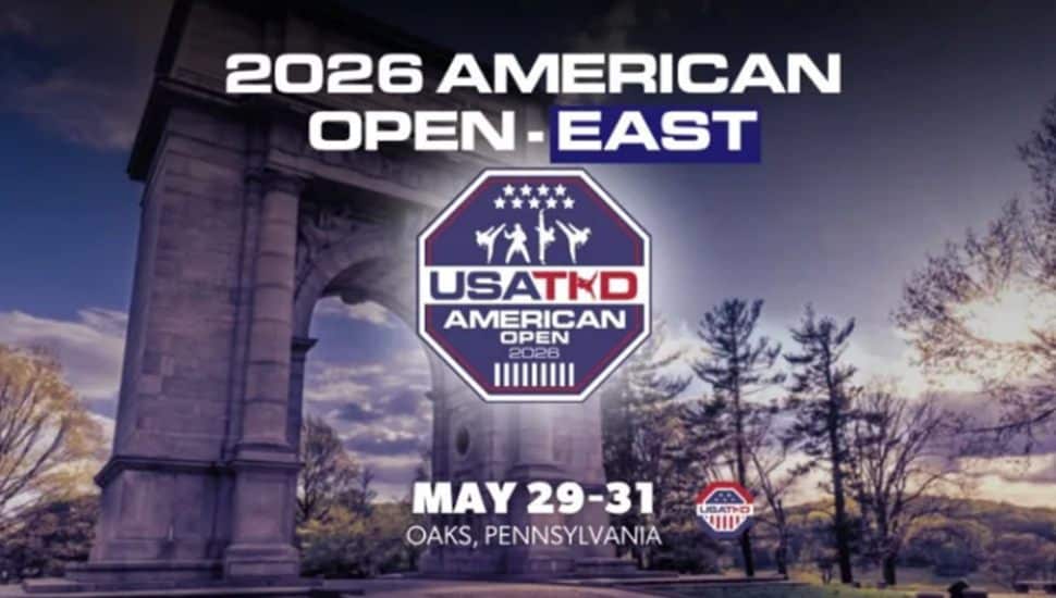 Promotional graphic for the 2026 USA Taekwondo American Open East tournament in Oaks, Pennsylvania, featuring the USATKD event logo and Valley Forge-inspired imagery.
