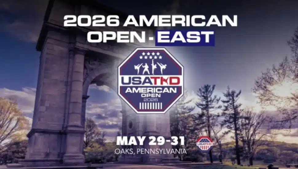 Promotional graphic for the 2026 USA Taekwondo American Open East tournament in Oaks, Pennsylvania, featuring the USATKD event logo and Valley Forge-inspired imagery.
