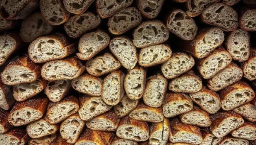 Angelo's famous seeded bread rolls stacked together.