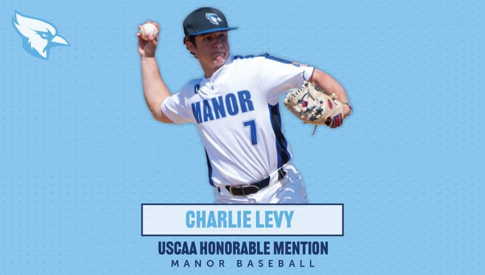 Manor College baseball player Charlie Levy pitching in a Manor uniform, named 2026 USCAA Honorable Mention All-American.
